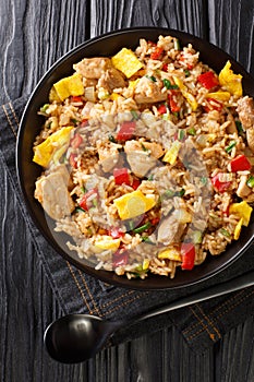 Peruvian Fried Rice with meat and eggs Arroz Chaufa close up in the bowl. Vertical top view photo