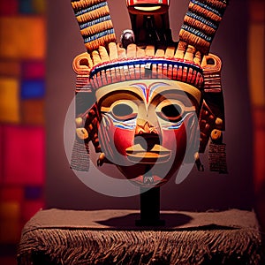 Peruvian Mayan Mask on stand in studio. Multi color. Studio Backdrop.