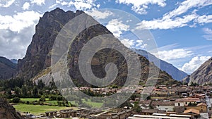 Peruvian mountain landscape with Ruins of Ollantaytambo in Sacred Valley of the Incas in Cusco, Peru