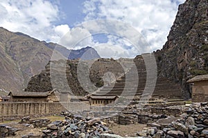 Peruvian mountain landscape with Ruins of Ollantaytambo in Sacred Valley of the Incas in Cusco, Peru