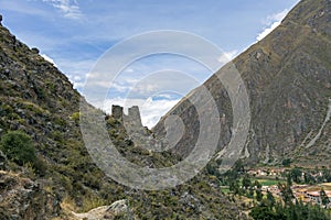 Peruvian mountain landscape with Ruins of Ollantaytambo in Sacred Valley of the Incas in Cusco, Peru