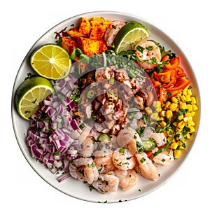 Peruvian-style mixto ceviche with assorted seafood marinated in citrus juices with onions, cilantro and rocoto peppers photo
