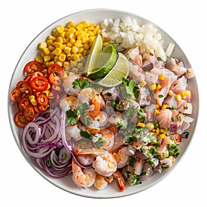Peruvian-style mixto ceviche with assorted seafood marinated in citrus juices with onions, cilantro and rocoto peppers photo