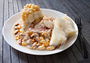 Peruvian traditional dish.fish ceviche with yuka and corn