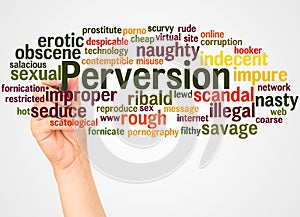 Perversion word cloud and hand with marker concept photo