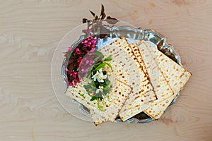 Pesach matzo with wine and matzoh jewish passover bread