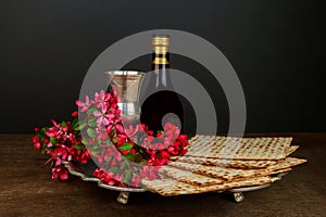 Pesach Passover symbols of great Jewish holiday. Traditional matzoh