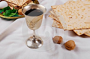 Pesach Passover symbols of great Jewish holiday. Traditional matzoh