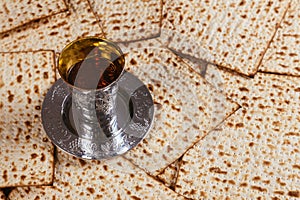 Pesach Passover symbols of great Jewish holiday. Traditional matzoh