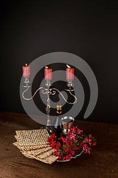 Pesach Still-life with wine and matzoh jewish passover bread