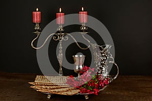 Pesach Still-life with wine and matzoh jewish passover bread