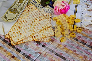 Pesach Still-life with wine and matzoh jewish passover bread