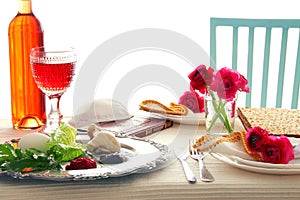 Pesah celebration concept & x28;jewish Passover holiday festive table& x29;