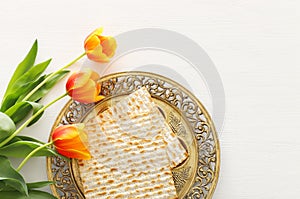 Pesah celebration concept & x28;jewish Passover holiday& x29;. Top view, flat lay