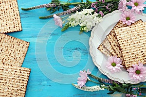 Pesah celebration concept jewish Passover holiday. Top view, flat lay