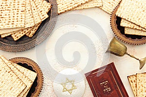 Pesah celebration concept jewish Passover holiday. Traditional book with text in hebrew: Passover Haggadah Passover Tale