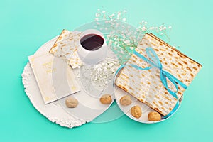 Pesah celebration concept (jewish Passover holiday). Traditional pesakh book text in hebrew: Passove tale