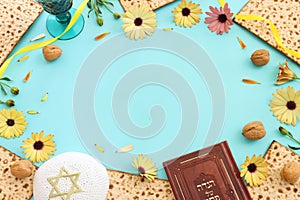 Pesah celebration concept (jewish Passover holiday). Translation of Traditional pesakh book with text: passove tale