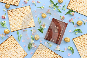 Pesah celebration concept (jewish Passover holiday). Translation of Traditional pesakh book with text: passove tale