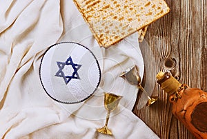 Pesah holiday celebration, matza unleavened bread and four cup kosher wine