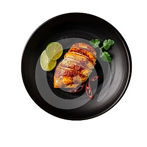 Pescado Empapelado On Black Smooth Round Plate On Isolated Transparent Background Mexican Food. Generative AI photo