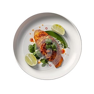 Pescado Empapelado On White Smooth Round Plate On Isolated Transparent Background Mexican Food. Generative AI photo