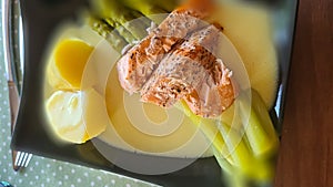 Asparagus with salmon and hollandaise sauce the name in german is asparagus with salmon and hollandaise sauce photo