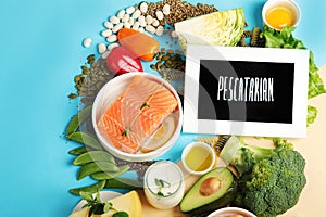 Pescatarian diet on colourful background