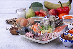 Pescetarian diet with seafood, fruit and vegetables