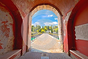 Peschiera del Garda colorful Italian town bridge and city walls entrance view