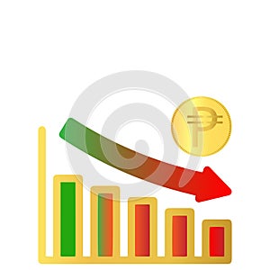 Peso symbol coin Declining bar decreasing graph with down-word arrow