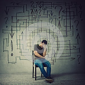 Pessimistic, disappointed man sitting on a chair in a dark room covering face with hand. Desperate guy try to solve a questions