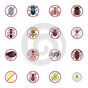 Pest animals prohibition signs, flat icons set