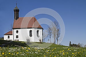 Pest chapel in flower meadow