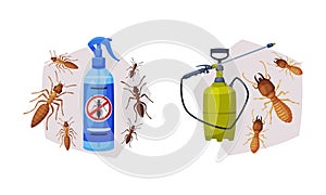 Pest Control with Chemical in Bottle and Ants Vector Set