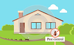 Pest Control Concept with Cockroach Leaving House