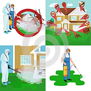 Pest control concept with insects exterminator silhouette flat vector illustration