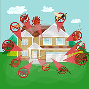 Pest control concept with insects exterminator silhouette flat vector illustration