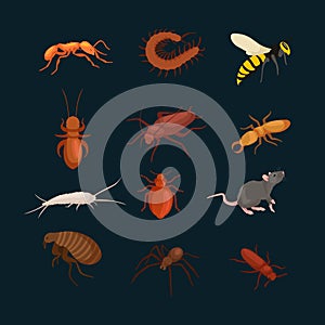 Pest control concept with insects exterminator silhouette flat vector illustration
