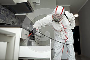 Pest control. Disinfection of premises against insects and rodents by chemical means, a sanitary worker with a spray