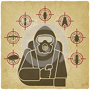 Pest Control Exterminator in protective suit silhouette surrounded by insect pest icons on vintage background