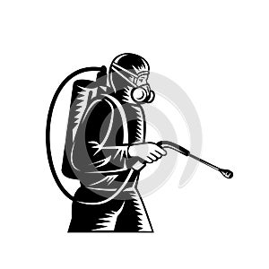 Pest Control Exterminator Spraying Side Retro Woodcut Black and White