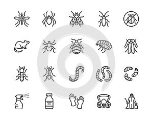 Pest control flat line icons set. Insects - mosquito, spider, fly, cockroach, rat, termite, spray vector illustrations