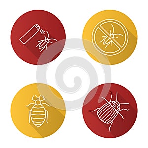 Pest control flat linear long shadow icons set