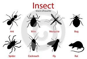 Pest Control insect black silhouette set, insect icons isolated on white, flat style