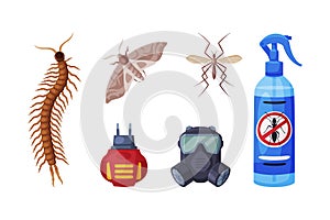 Pest Control and Insect Extermination Service with Chemical Bottle and Mask Vector Set