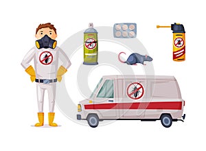 Pest Control and Insect Extermination Service with Chemical Bottle, Van and Man in Uniform Vector Set