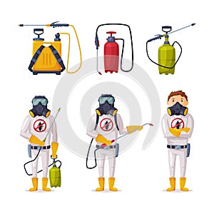Pest Control and Insect Extermination Service with Chemical Cylinder and Man in Uniform Vector Set