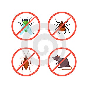 Pest Control Prohibition Signs or Icons with Beetle, Cockroach, Rat or Mouse Wand, Fly and Tick in Crossed Red Circles