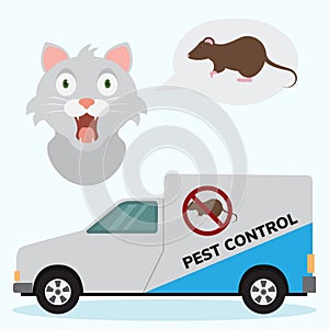 Pest control service car with mouse sign and cats head vector illustration. Getting rid of mice and different pests